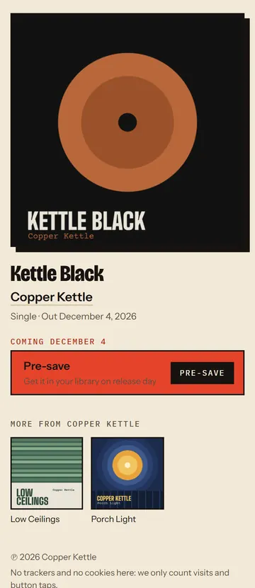 The public link page for Kettle Black on a phone: the cover, the title, “Coming December 4”, a red Pre-save button, and two more releases by Copper Kettle.