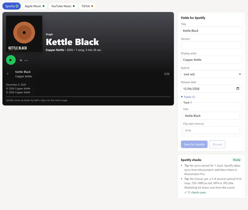 The store preview for the single Kettle Black, flipping between Spotify, Apple Music, YouTube Music and TikTok. Each view shows the cover, title, artist and track list the way that store lays them out, beside the fields for that store and its checks.