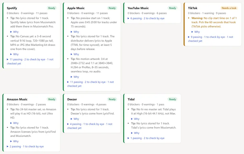 Store readiness cards for Kettle Black: Spotify, Apple Music, YouTube Music, Amazon Music, Deezer and Tidal are Ready, with tips such as no lyrics stored; TikTok needs a look because no clip start time is set.