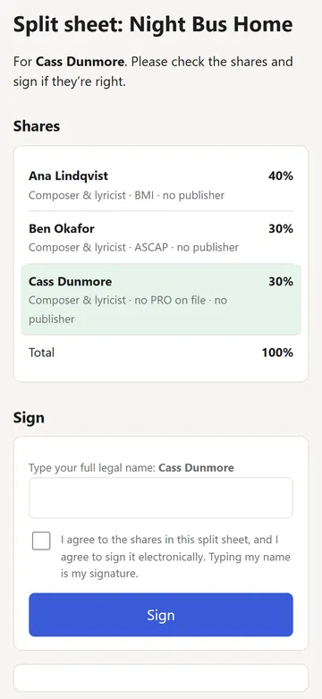 Cass’s signing page on a phone: the three shares adding up to 100%, a box to type a full legal name, an “I agree” tick box and a Sign button.
